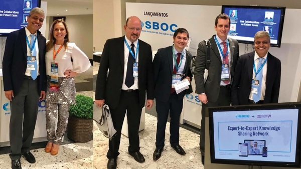 Na primeira foto, Sanjiv Agarwala e Cinthya Sternberg. Na outra, Alberto Wainstein, C&iacute;cero Martins, Rodrigo Munhoz (vice-presidente para Ensino da Oncologia da SBOC) e Sanjiv Agarwala
